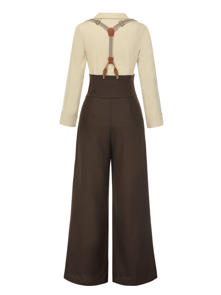 2PCS 1930s Cotton Solid Blouse & Suspender Pants