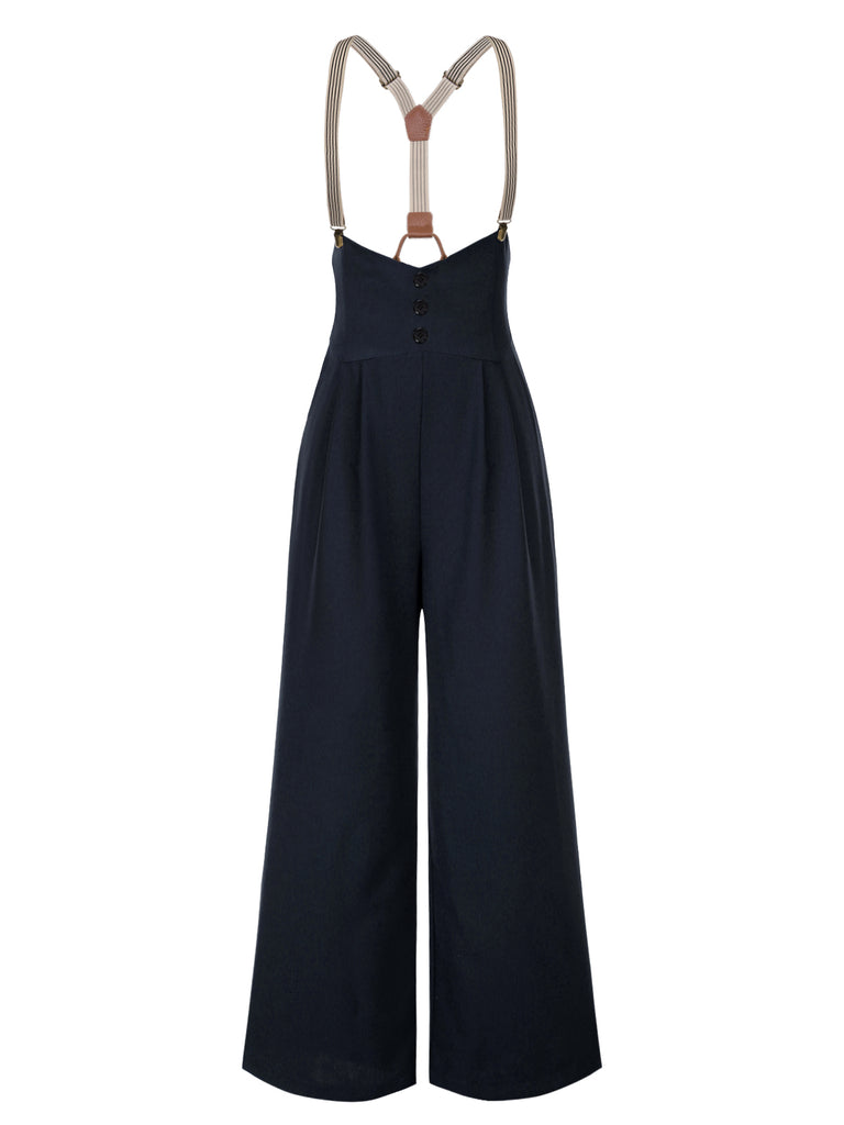 Dark Blue 1950s Button Suspender Pants