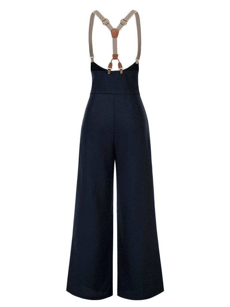 Dark Blue 1950s Button Suspender Pants