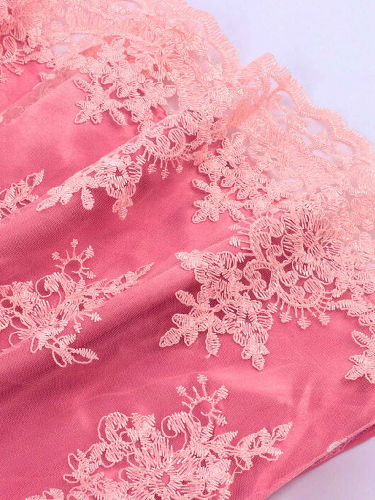 2PCS Pink 1950s Sweetheart Floral Embroidered Dress
