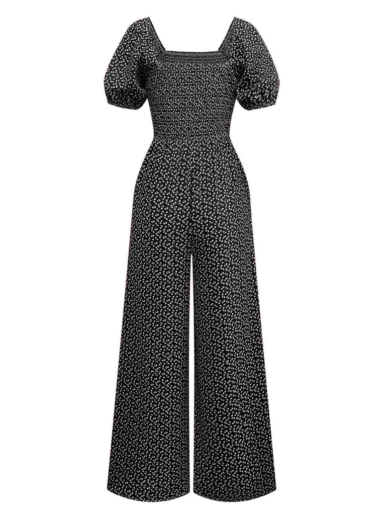 1950s Ditsy Floral Square Neck Puff Jumpsuit