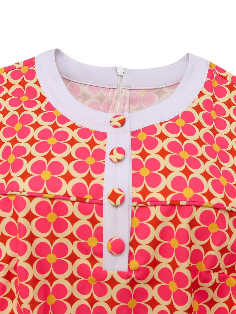 Orange 1960s Hippie Floral Round Neck Dress