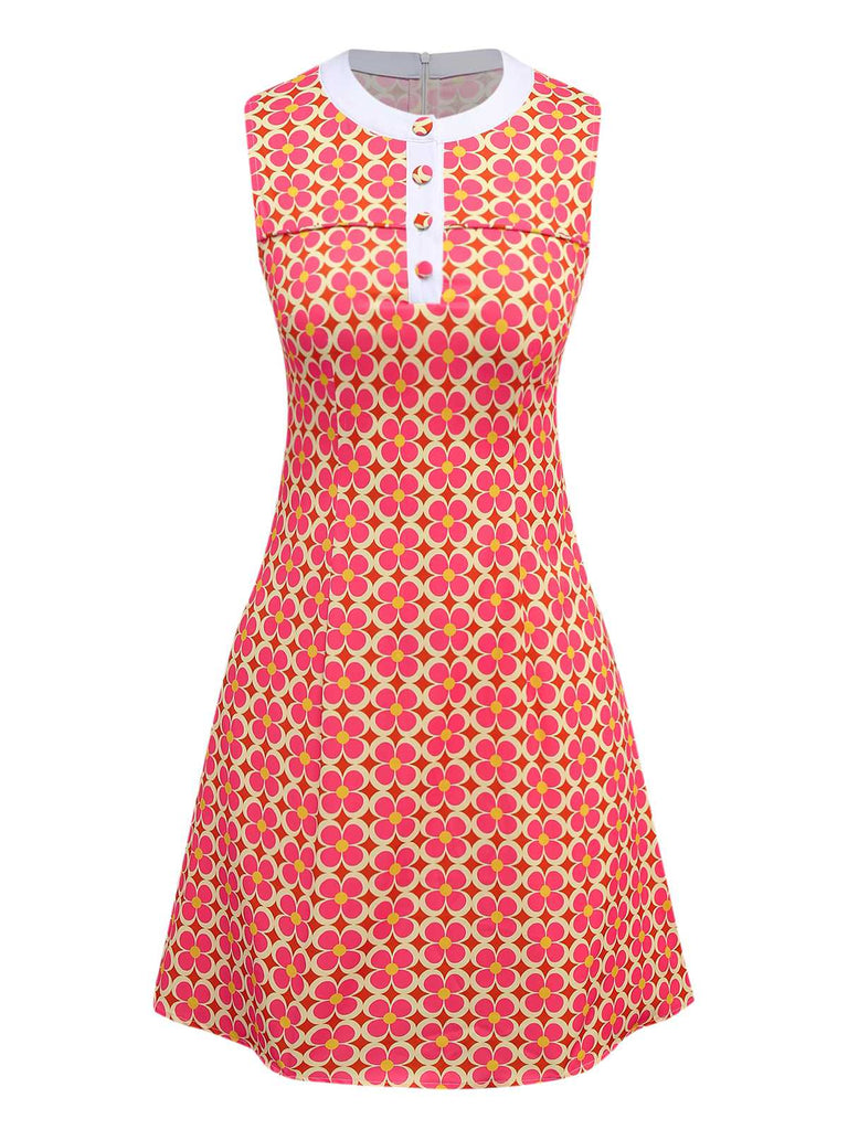Orange 1960s Hippie Floral Round Neck Dress