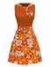 Orange 1960s Boho Psychedelic Floral Belted Dress