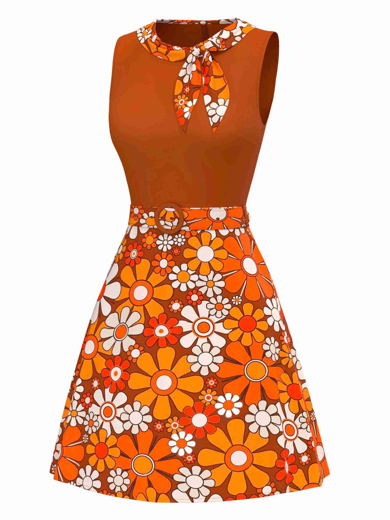 Orange 1960s Boho Psychedelic Floral Belted Dress