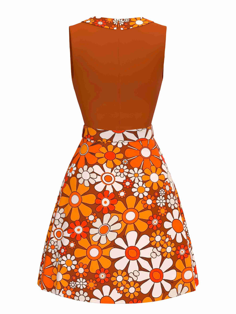 Orange 1960s Boho Psychedelic Floral Belted Dress