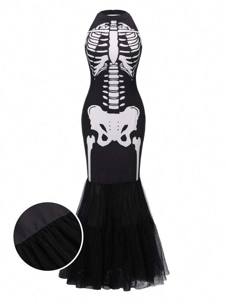 Black & White 1930s Halter Skull Mesh Fishtail Dress