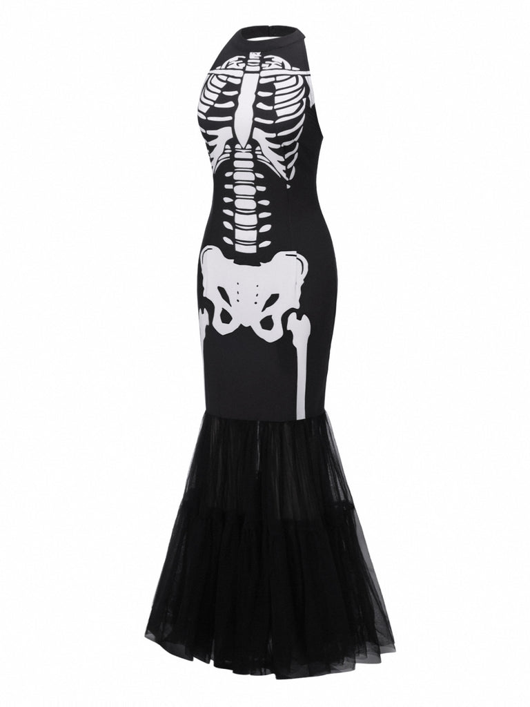 Black & White 1930s Halter Skull Mesh Fishtail Dress