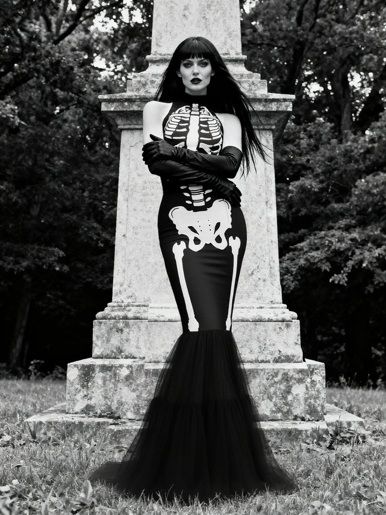 Black & White 1930s Halter Skull Mesh Fishtail Dress