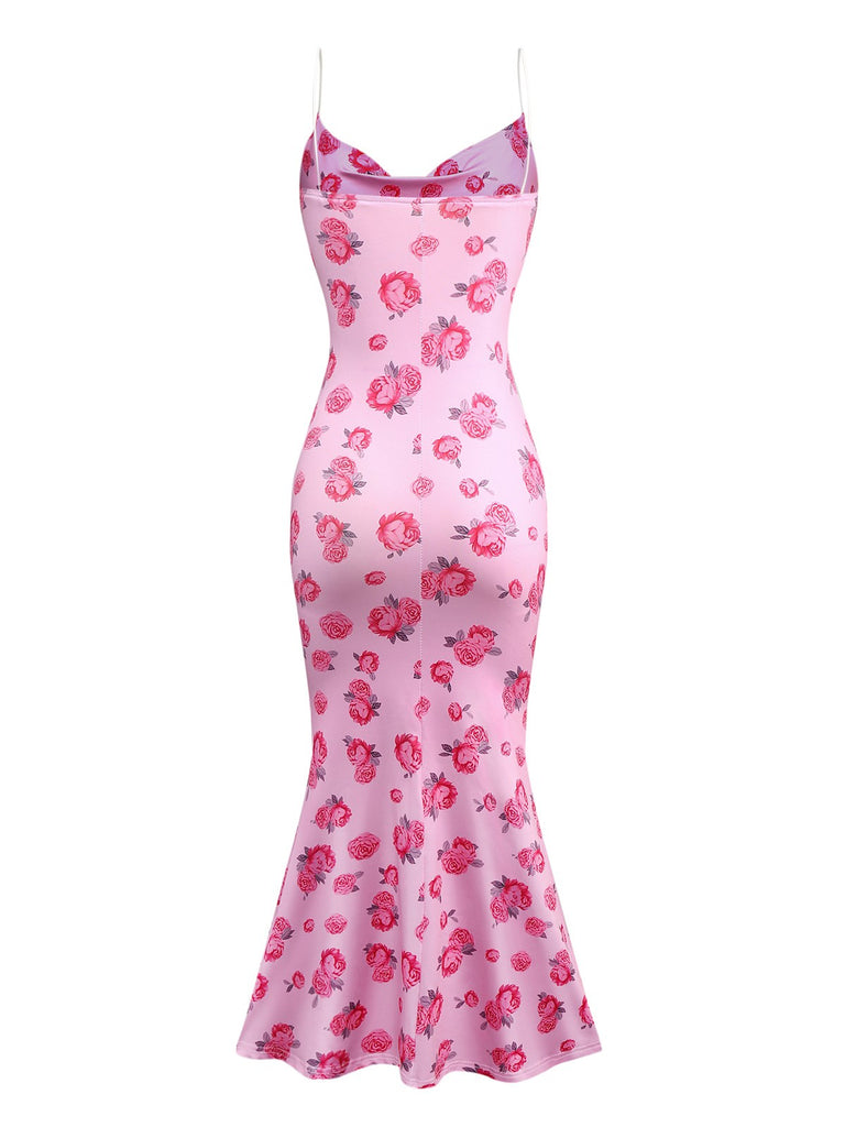 Pink 1930s Rose Cowl Neck Fishtail Dress