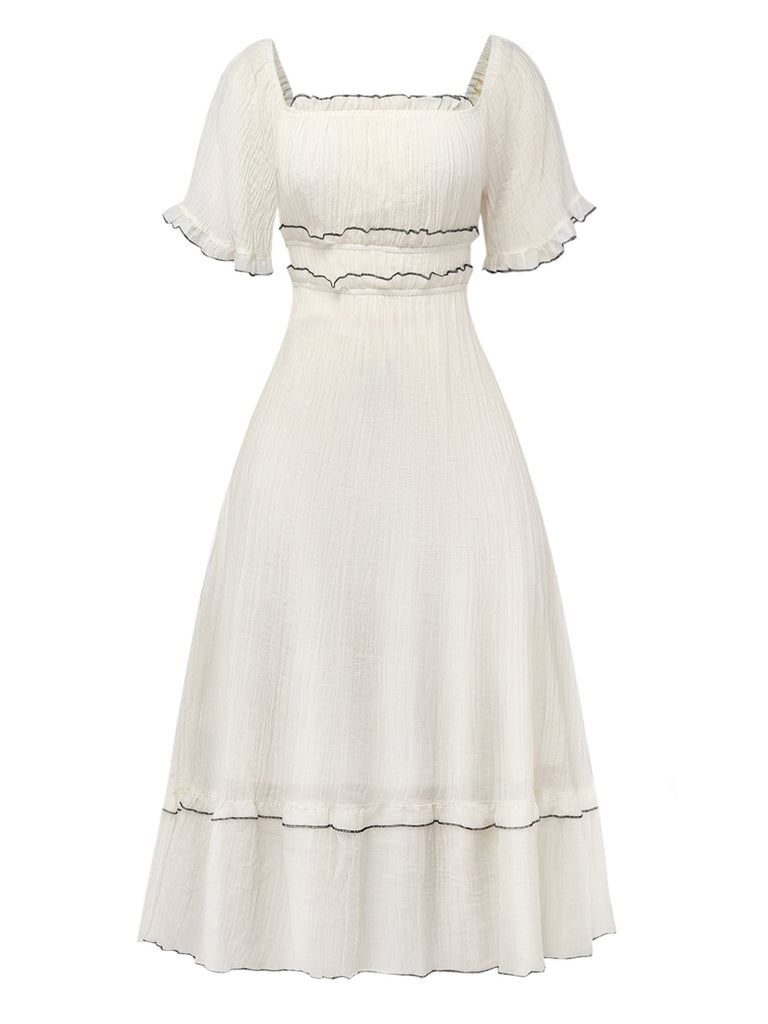 Apricot 1930s Square Neck Textured Binding Dress