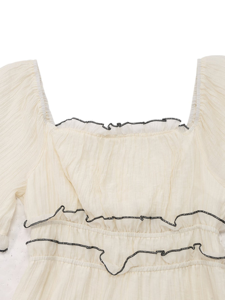 Apricot 1930s Square Neck Textured Binding Dress