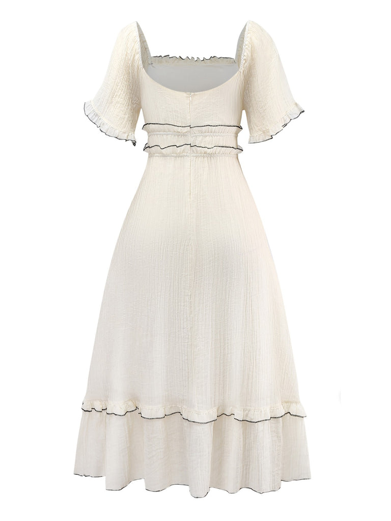 Apricot 1930s Square Neck Textured Binding Dress