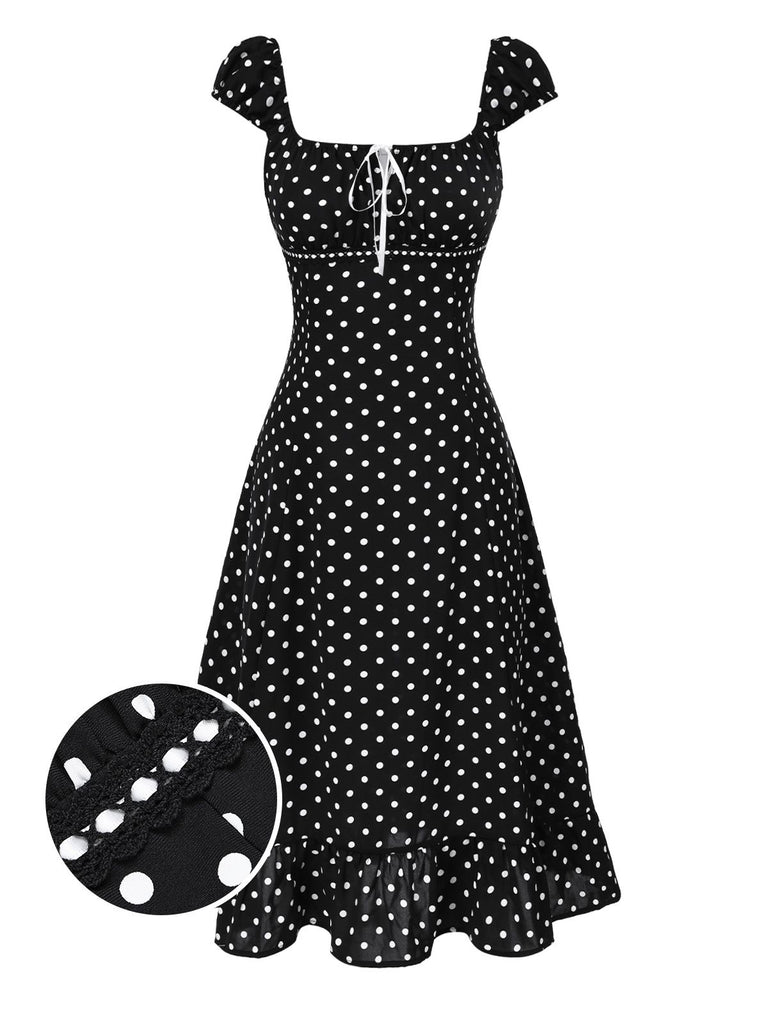 1940s Square Neck Polka Dot Ruffle Dress