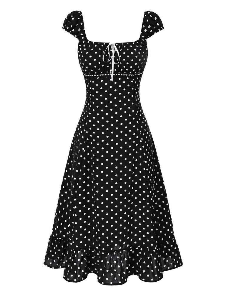 1940s Square Neck Polka Dot Ruffle Dress