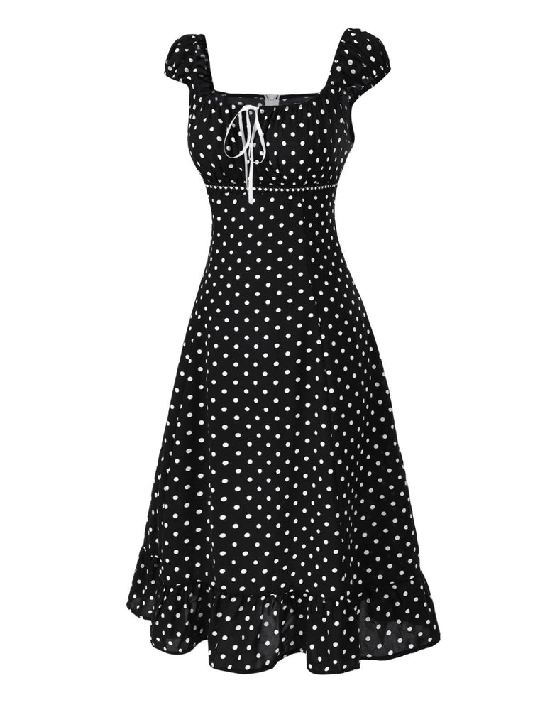 1940s Square Neck Polka Dot Ruffle Dress