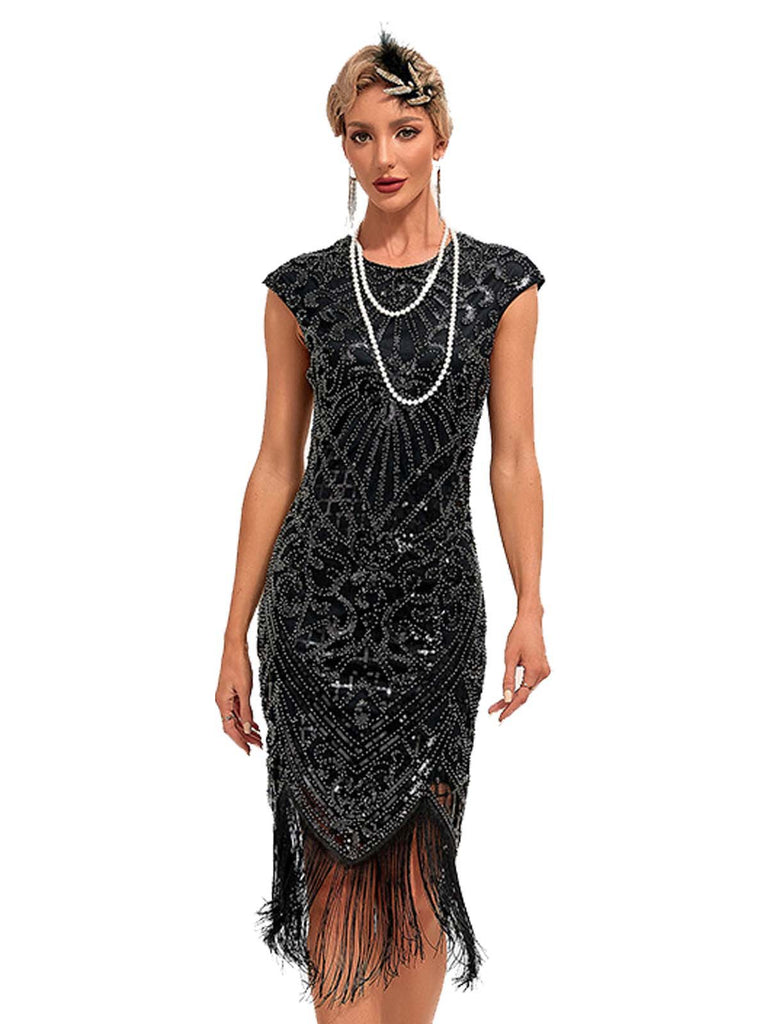 1920s Sequined Fringe Round Neck Cap Sleeve Dress