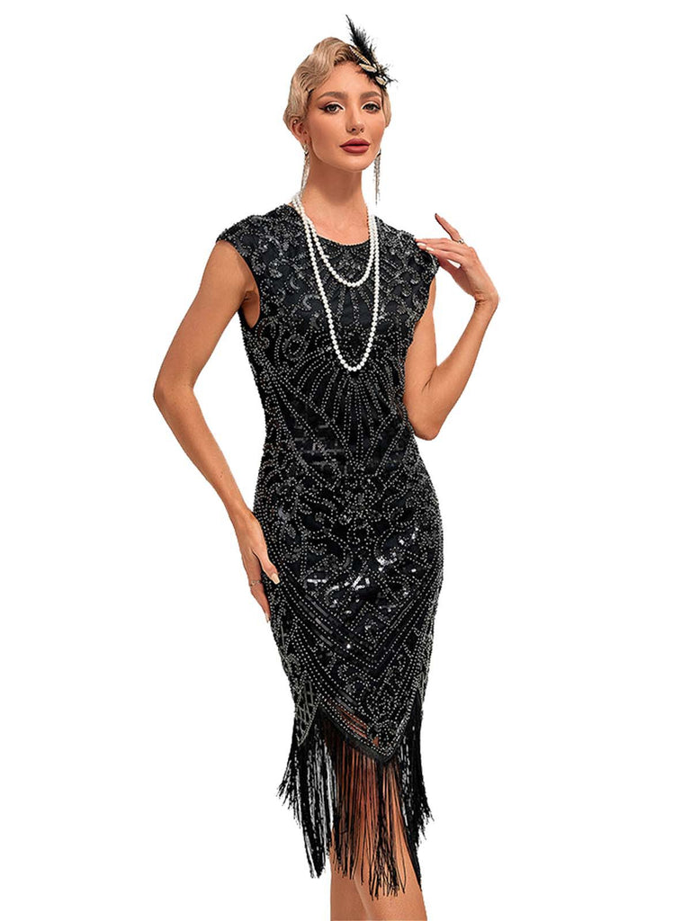 1920s Sequined Fringe Round Neck Cap Sleeve Dress