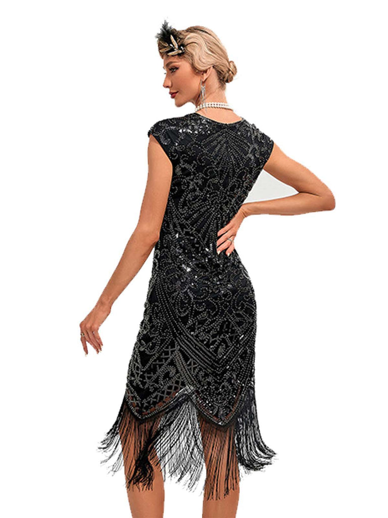 1920s Sequined Fringe Round Neck Cap Sleeve Dress