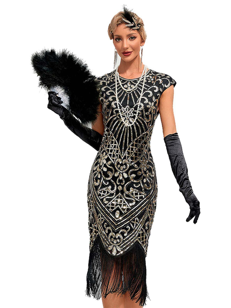 1920s Sequined Fringe Round Neck Cap Sleeve Dress