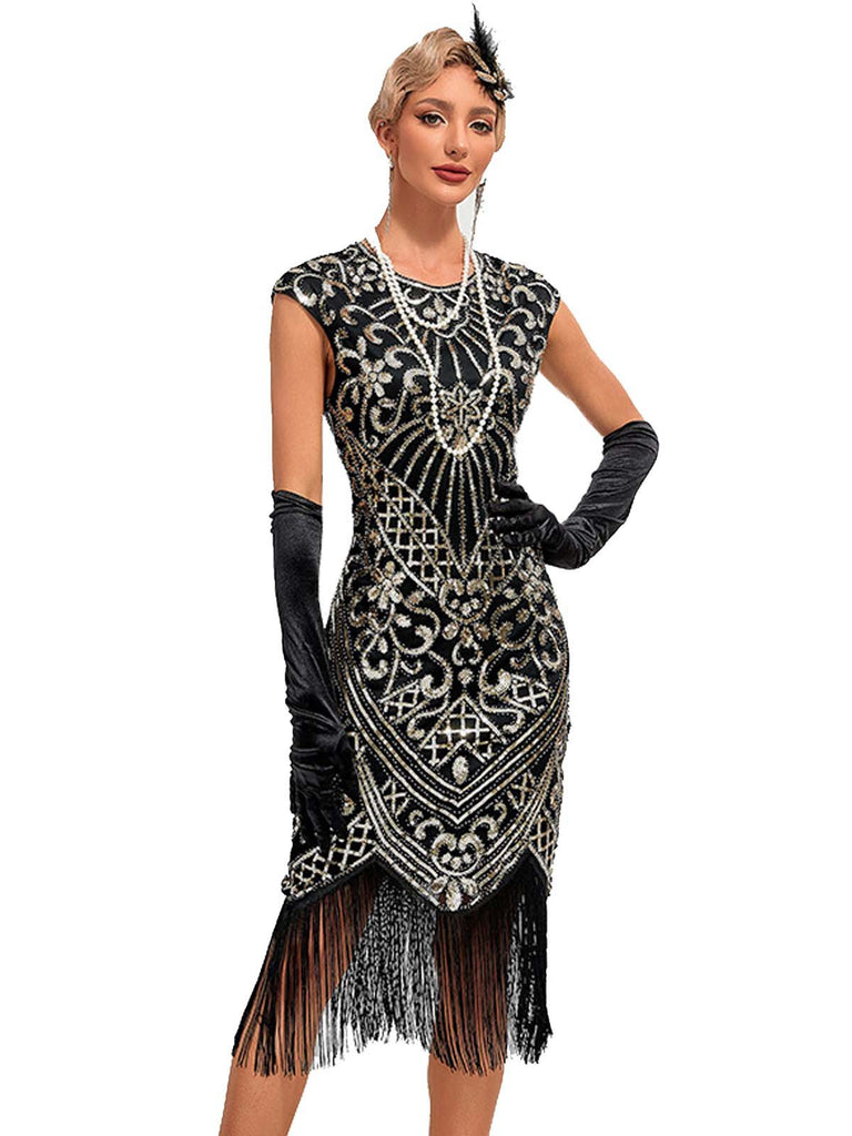 1920s Sequined Fringe Round Neck Cap Sleeve Dress