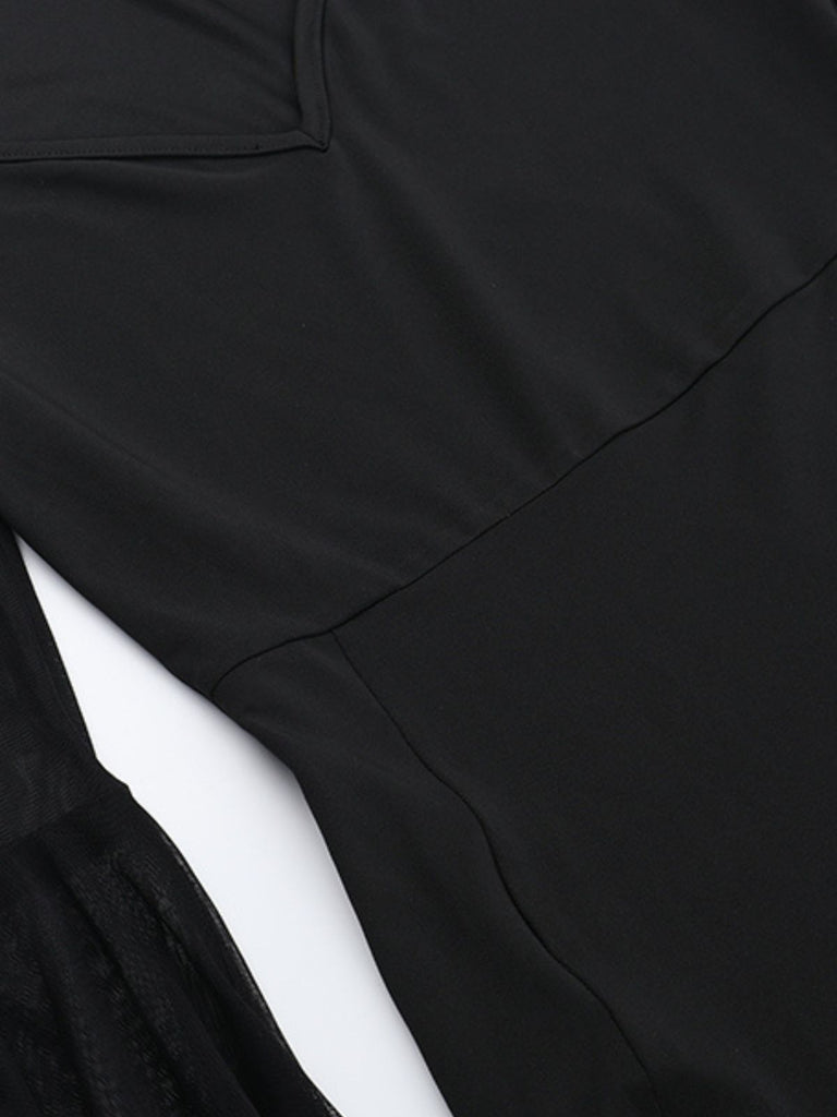 Black 1980s Gothic Sheer Sleeve Corset Slit Dress