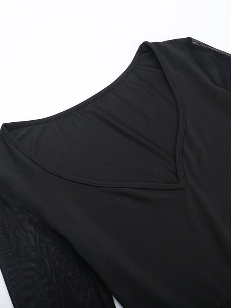 Black 1980s Gothic Sheer Sleeve Corset Slit Dress