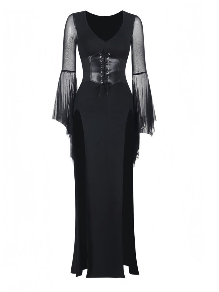Black 1980s Gothic Sheer Sleeve Corset Slit Dress