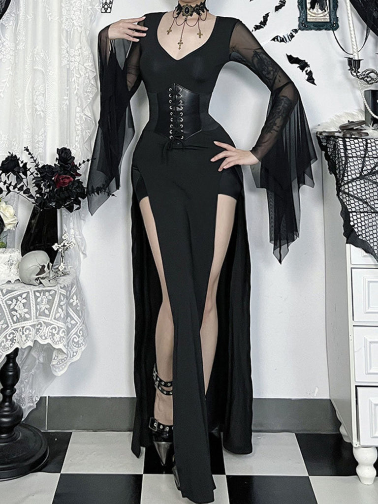 Black 1980s Gothic Sheer Sleeve Corset Slit Dress