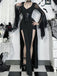 Black 1980s Gothic Sheer Sleeve Corset Slit Dress