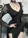 Black 1980s Gothic Sheer Sleeve Corset Slit Dress