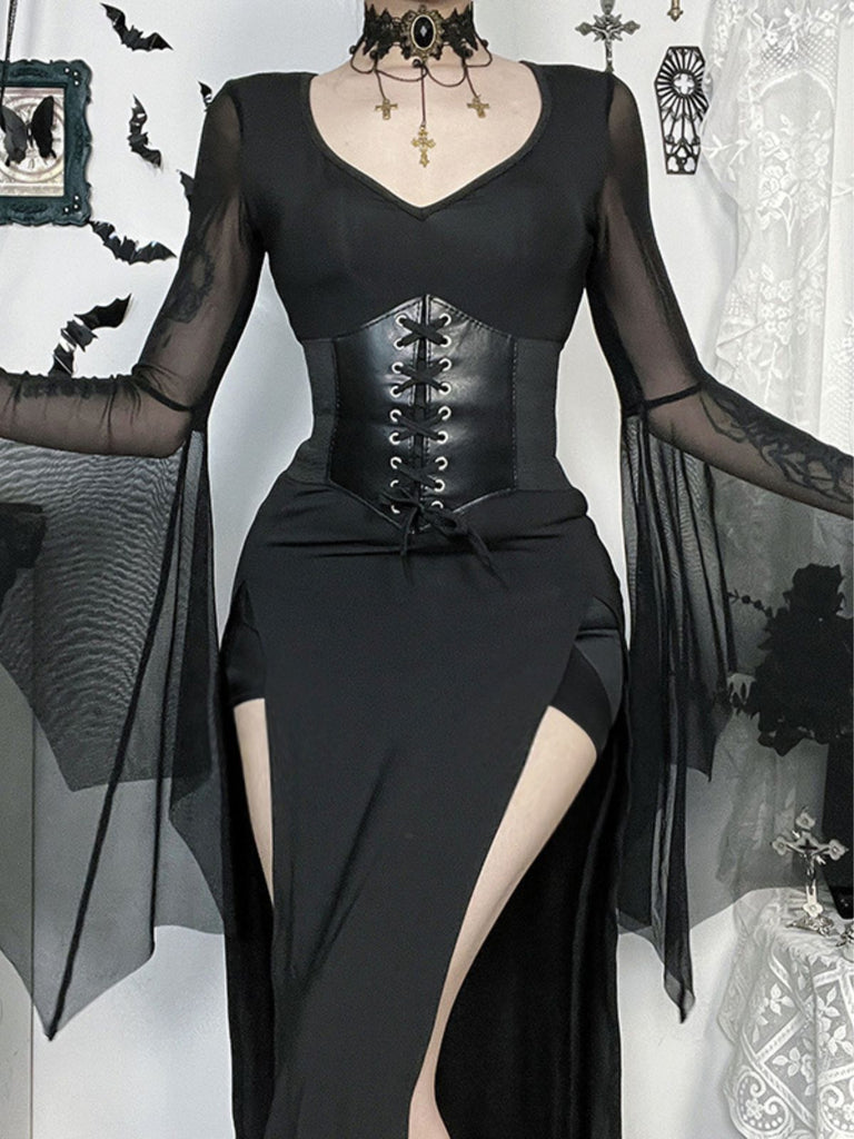 Black 1980s Gothic Sheer Sleeve Corset Slit Dress