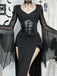 Black 1980s Gothic Sheer Sleeve Corset Slit Dress