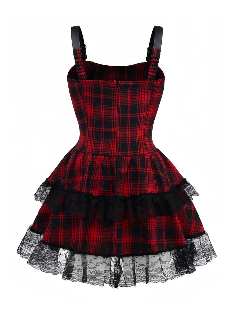 Red 1980s Gothic Lace Patchwork Plaid Dress