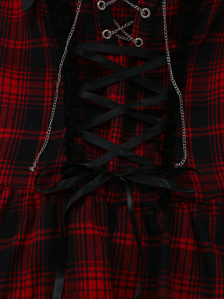 Red 1980s Gothic Lace Patchwork Plaid Dress