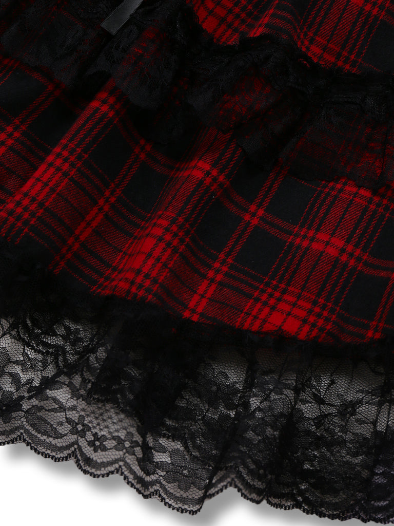Red 1980s Gothic Lace Patchwork Plaid Dress