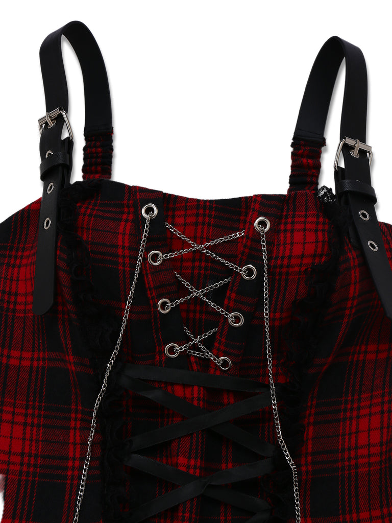 Red 1980s Gothic Lace Patchwork Plaid Dress