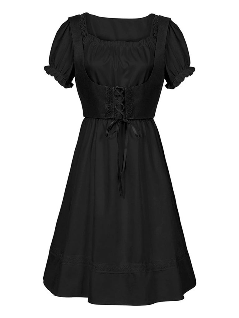 1940s Punk Gothic Puff Sleeve Ruffled Dress