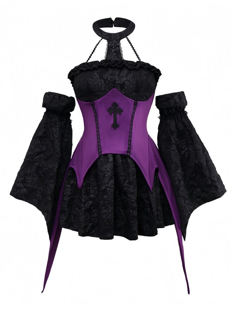 2PCS Purple 1980s Gothic Cross Witch Top & Skirt