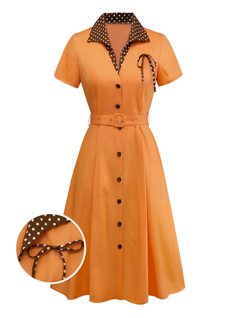 Orange 1940s Cotton Polka Dot Lapel Bow Dress