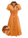 Orange 1940s Cotton Polka Dot Lapel Bow Dress