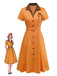 Orange 1940s Cotton Polka Dot Lapel Bow Dress