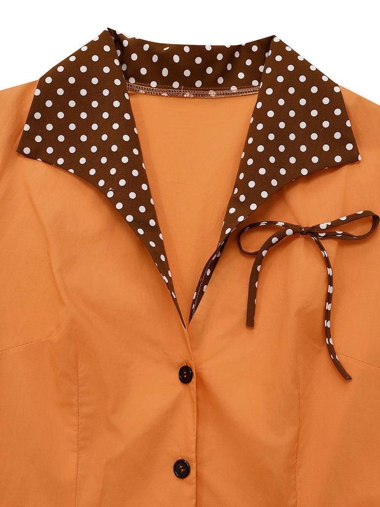 Orange 1940s Cotton Polka Dot Lapel Bow Dress