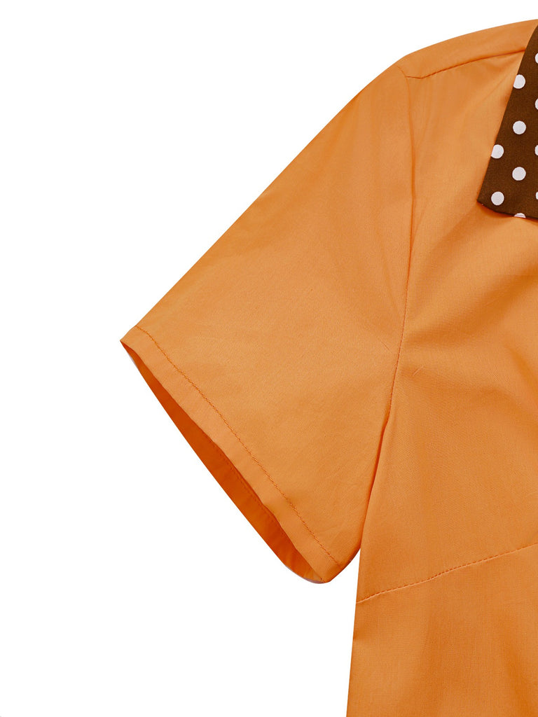 Orange 1940s Cotton Polka Dot Lapel Bow Dress