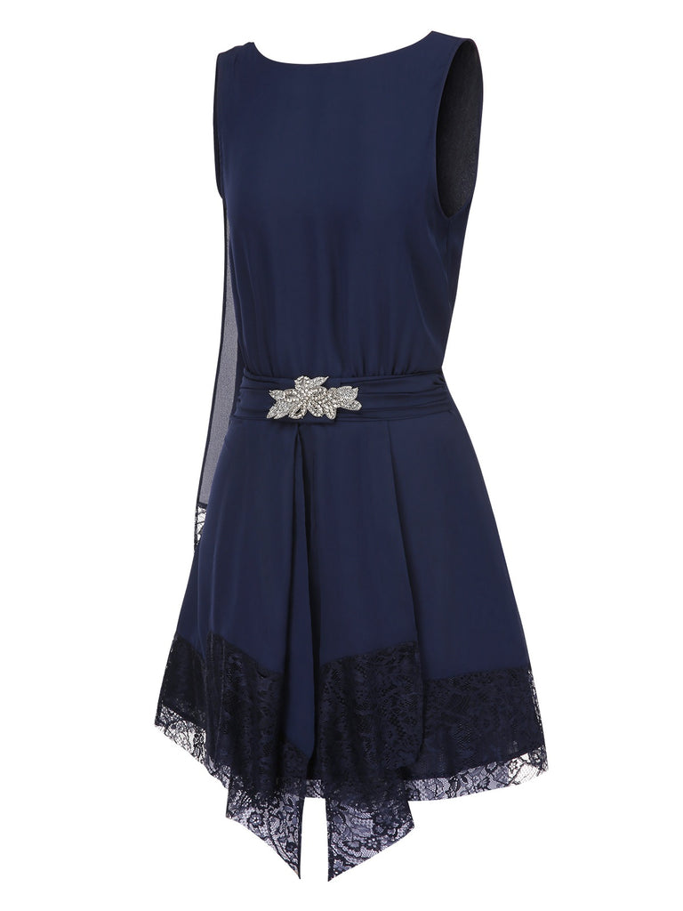 Blue 1920s Lace Patchwork Rhinestone Dress