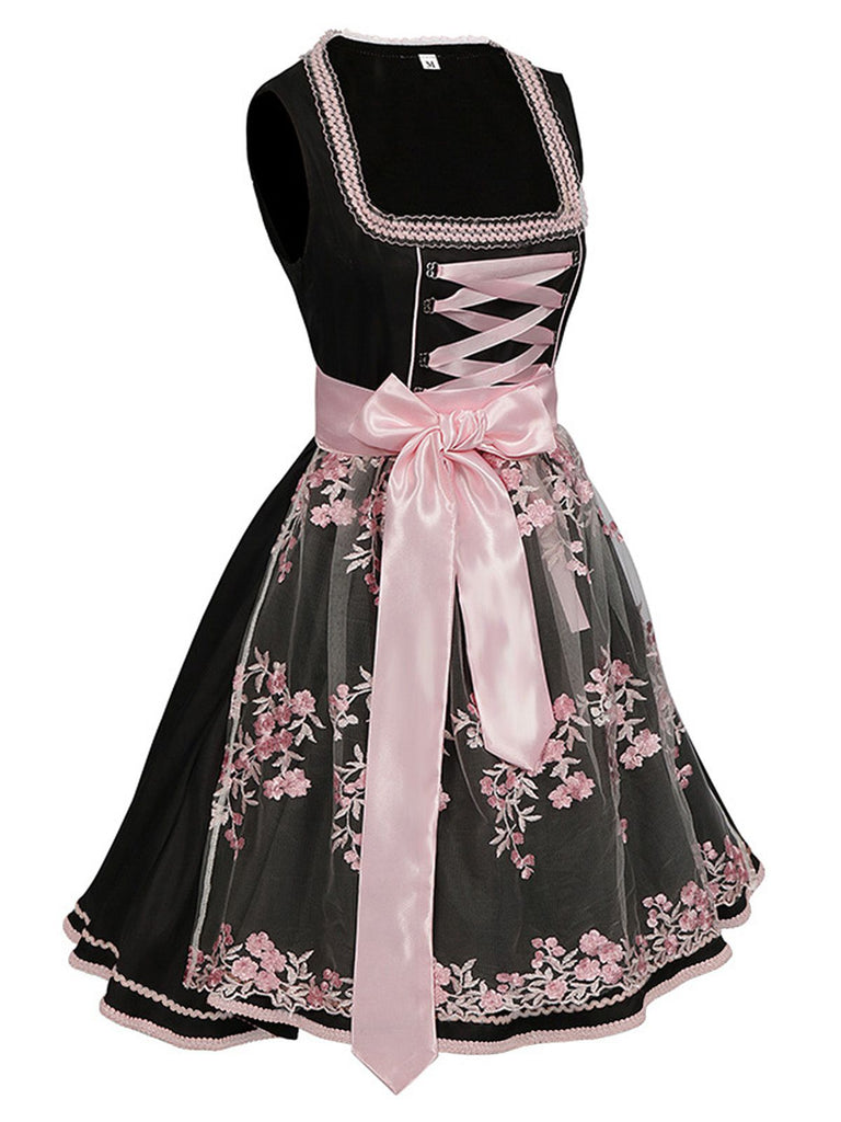 2PCS Black 1950s Oktoberfest Dress With Embroidered Apron