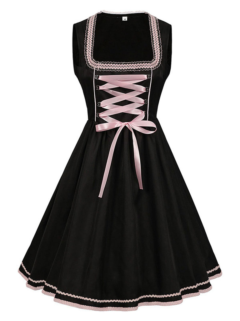 2PCS Black 1950s Oktoberfest Dress With Embroidered Apron