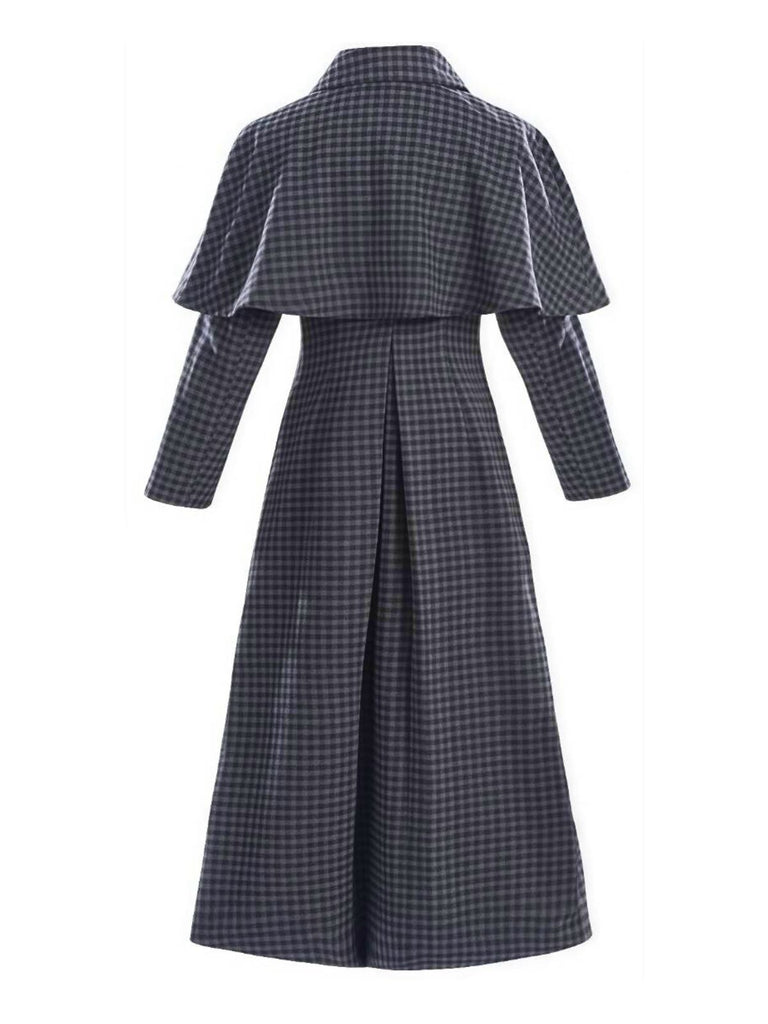 Gray 1950s Halloween Wednesday Plaid Faux-Wool Cape Coat