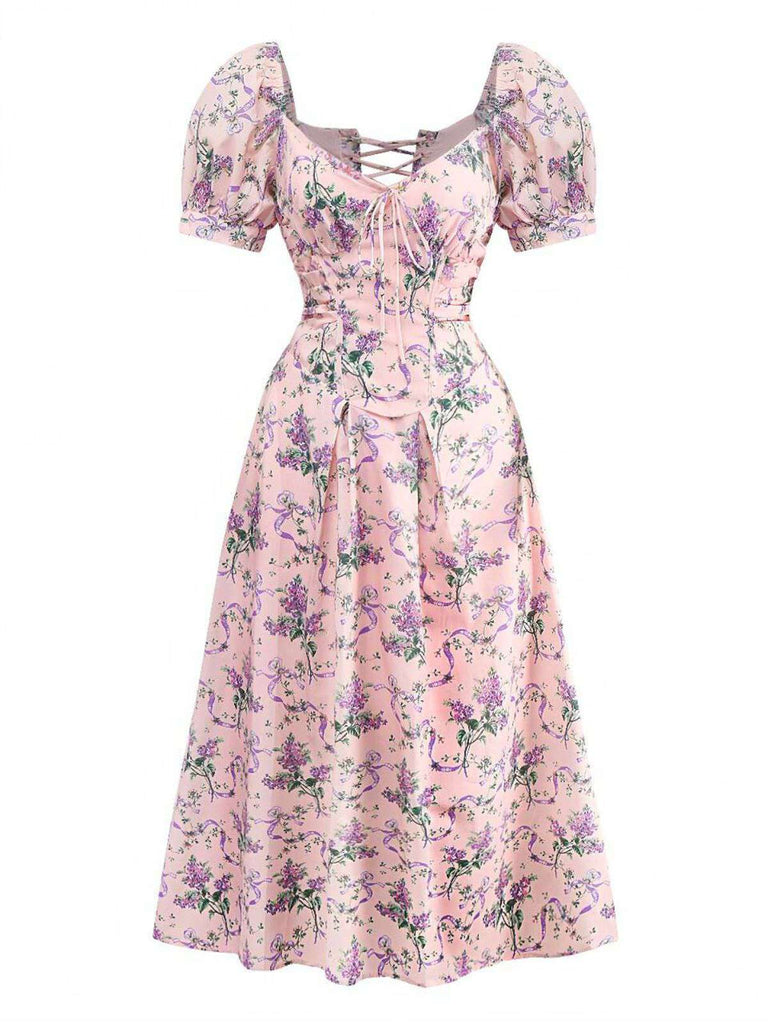 Pink 1940s Lavender Sweetheart Neck Puff Sleeve Dress