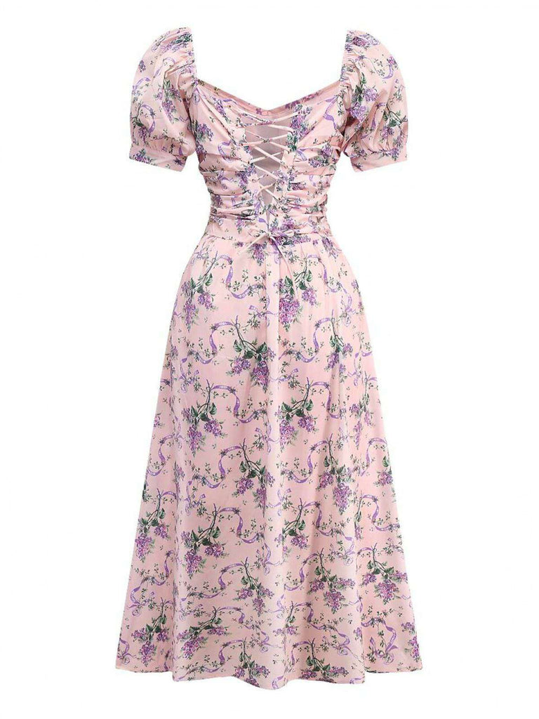 Pink 1940s Lavender Sweetheart Neck Puff Sleeve Dress